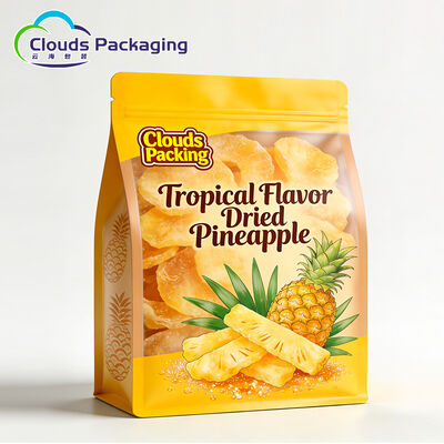 Bolsa de pé personalizada de produto comestível com fundo plano e janela transparente para armazenamento de lanches de frutas secas